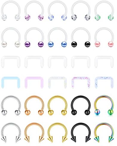 Rajnard 30Pcs Septum Piercing Piercing Naso Cerchio Anelli 16G 8mm Naso Anelli Acciaio Chirurgico Con Perline Palla Labbro Trago Helix Piercing Setto Fermi Donne Uomini