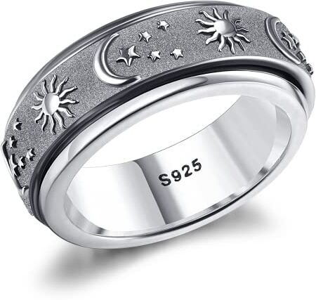 Milacolato 925 Sterling Silver Fidget Ring per Donna Uomo 18K Placcato Oro Bianco Spinner Anelli di Dichiarazione Sole Luna Stelle In Rilievo Band Ring