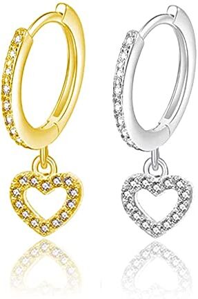 LEEQ Orecchini in Argento Sterling Orecchini a Cerchio con Pendente Cuore Orecchini Argento Piccoli Orecchini Cerchio con 3A Zirconi Orecchini Pendenti Donna Orecchini per Donna Ragazze（oro+argento）