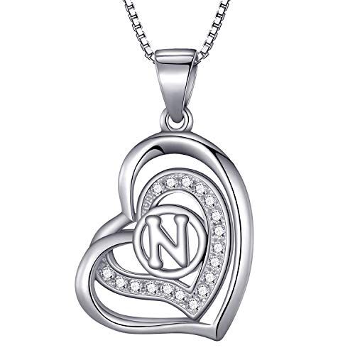 Morella Collana donna a forma di cuore lettera N con zirconi bianchi 46 cm argento 925 rodiato