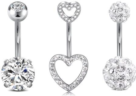 NIUSIMAN 14G ombelico Piercing,3 pezzi Cuore ombelico Piercing argento bianco piccoli cristalli ombelico Piercing Barbell Set 10MM Piercing ombelico anello per le donne