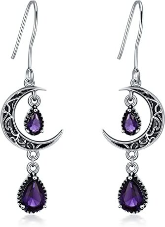 VONALA Orecchini pendenti in argento 925 celtico, orecchini pendenti in argento Sterling, verde/rosso/viola, luna, regalo per donne e ragazze, 45*12mm, Argento, Ametista