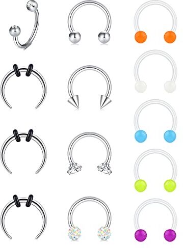 Rajnard 16G 8mm Septum Piercing Labbro Piercing Acciaio Chirurgico con Sfera Fluorescente Trago Helix Piercing Smiley Piercing Gioielli Donna Uomo 13Pcs Argento