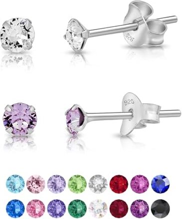 DTPsilver ® Set da 2 Paia Orecchini Punto Luce Argento 925 con Cristalli Swarovski® Elements Orecchini Lobo Donna Orecchini Piccoli con Brillantini 2 mm Colori: Diamante e Viola