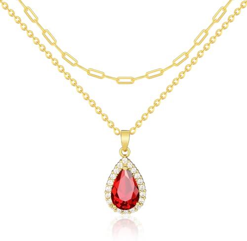 Mesovor Collane a Strati di Diamanti per Donna, Collana con Pendente a Goccia d'acqua in Zirconi Cubici Placcati Oro 18 Carati   Gioielli Collana Girocollo Graffetta (Rosso)