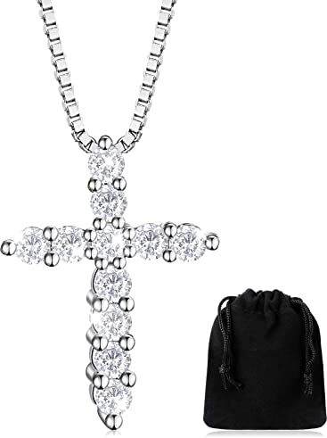 Herdear Collana con Croce di Diamanti Placcata in Oro Bianco Ciondolo a Croce con Strass Catena con Croce di Cristallo per Donna Uomo Ragazza Fidanzamento Battesimo Gioielli Regali (Argento)