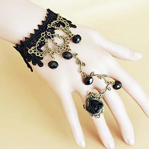 TseenYi Bracciale anello pizzo Bracciale anello pizzo nero gotico Bracciale anello pizzo nero Bracciale anello pizzo catenafrange Bracciale ad anello pizzo cristallo Gioielli cosplay Donne e ragazze