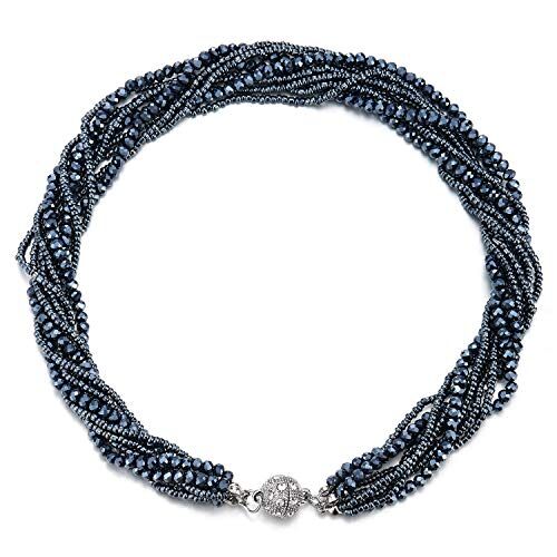 COOLSTEELANDBEYOND Blu Scuro Statement Pendente Multi Strati Perline Cristallo Intrecciato Catena Girocollo Choker Fermoir Magnétique