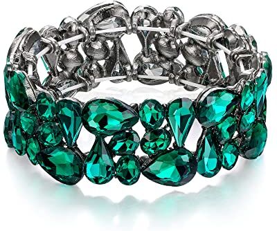 EVER FAITH Cristalli strass Art Deco Bigiotteria Irregolare Ovale Goccia Prom Bracciale Elastico per Donna Verde Nero-fondo