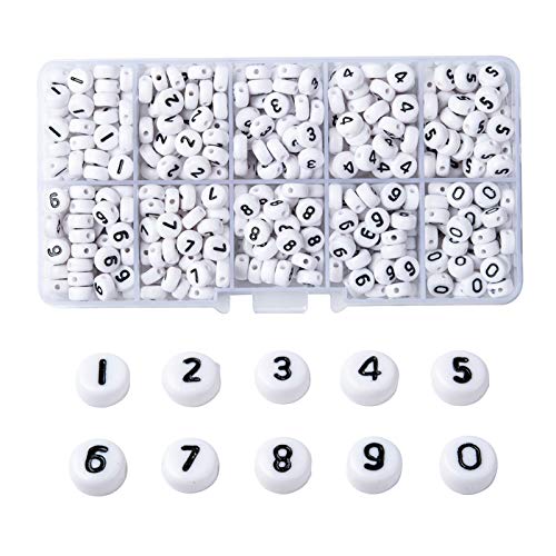 Cheriswelry Set di 720 perline in acrilico bianco con numeri da 0 a 9, distanziatori assortiti, 7 mm, piatte, rotonde, per bracciali, collane, anniversari, creazione di gioielli, colore: nero