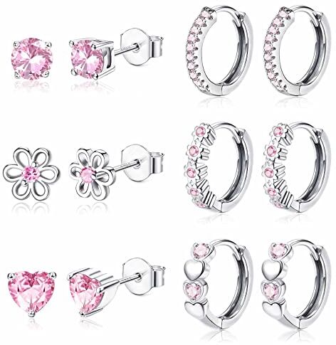 JeweBella 6Paia Piccoli Orecchini per Donna Ragazze in Argento 925 Ago Ipoallergenico Orecchini a Cerchio Cuore Fiore Zircone Multicolore Cartilagine Set di Orecchini Bambina Anallergici