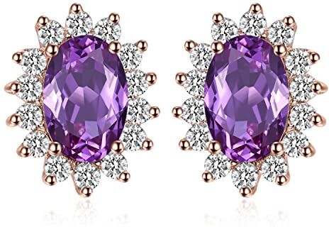 JewelryPalace Kate Middleton Orecchini a Bottone Donna Argento 925 con Creato Alessandrite Viola, Princess Diana William Orecchini a Lobo con Pietra Ovale, Orecchini Stud Oro Rosa Set Gioielli Donna