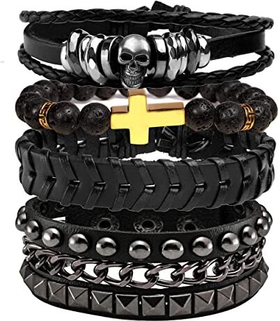 JJDreams Bracciale in pelle Uomo Set Bracciale Punk Bracciale Largo Rocker Bracciale Nero Teschio Bangles Gotico