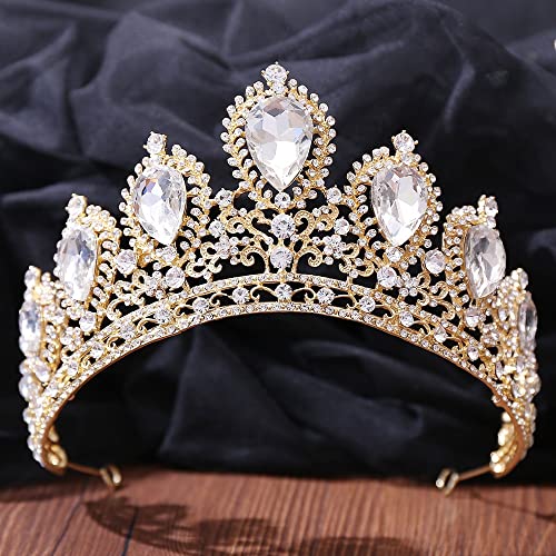 FaLkiN Diademi da sposa in cristallo grande barocco fatti a mano Corona di strass Spettacolo da principessa Copricapo Accessorio per capelli da sposa Cerchio per capelli (Colore metallo: Oro blu) (A Gold