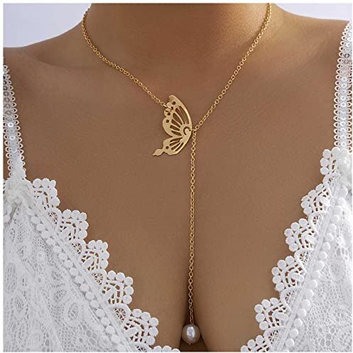 Cimenexe Collana lunga con goccia di perle della Boemia Collana girocollo con ali di farfalla Collana con lariat in oro Collana con farfalla cava Gioielli con catena per regali per donne e ragazze