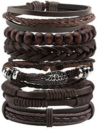 Manfnee 6Pcs Bracciale Intrecciato Marrone Pelle PU Polsino Punk Vintage Gotico Uomo Donna Regolabile