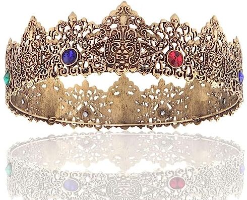 LEEMASING King Men Tiara dorata imperiale medievale con cristalli, per matrimoni, Halloween, fiere e compleanni (oro scuro con pietra colorata)