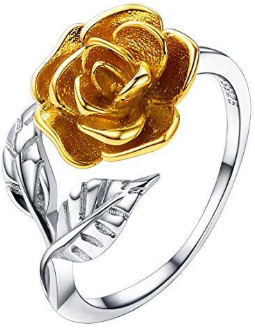 U7 Anello Aperto Donna Regolabile Charm di Fiore Rosa Rossa Foglia, Placcato Platino Oro 18k, Gioiello alla Moda, Colore Oro, Regalo Natale Compleanno, Inivia Confezione Scatola