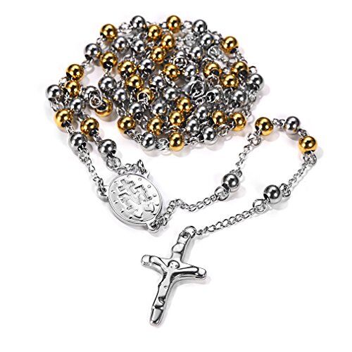 FaithHeart Collana Rosario Medaglia Vergine Maria Uomo Donna Santa Maria Collana Croce Cattolica HD Foto Personalizzata Catena Colorata con Perline Ciondolo Crocifisso Gioielli Religiosi