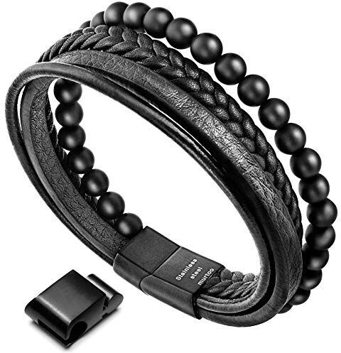 Murtoo Bracciale Uomo Pelle Braccialetto Uomo Donna Pelle Chiusura Magnetica Acciaio Inox Braccialetto Pacco Regalo (Pietra Onice, 23.5)