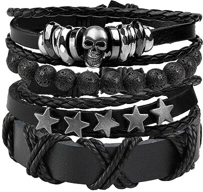 MILAKOO Bracciale in pelle marrone nero intrecciato largo braccialetto donna uomo punk gioielli teschio, Nessuna pietra preziosa