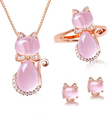 Uloveido Y427 Set di gioielli da donna, orecchini a clip e collana con ciondolo a forma di gatto, colore: Rosa chiaro e Ottone, 61 (19.4), colore: rosa, cod.