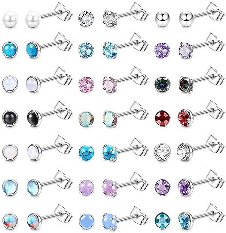 JeweBella 21Paia Piccoli Orecchini Acciaio Chirurgico Donna Ragazze Zirconia Opale Pietra di Luna Turchese Onice Nero Orecchini Argento Set Ipoallergenici Piercing Cartilagine Orecchini Gioielli