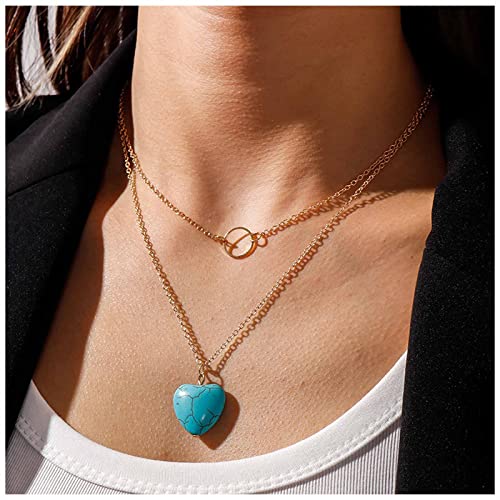 Inilbran Boho Layered Turchese Cuore Collana Vintage Turchese Collana Ciondolo Cuore Turchese Cerchio Collana Pietra Naturale Blu Collana Catena Gioielli Per Le Donne E Le Ragazze