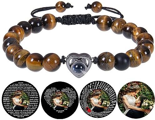 Certykllp Bracciale con perline cuore personalizzato con immagine all'interno Proiezione di foto Bracciale di cristallo nero agata bianco turchese bracciali per fidanzato fidanzato anniversario coppie gioielli