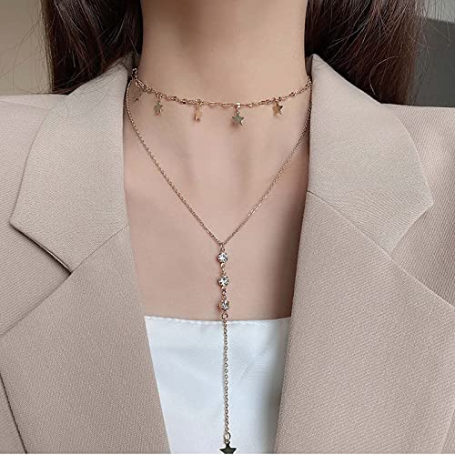 TseenYi Collana Girocollo Stella Strati Boho Collana Girocollo Lariat in Cristallo Oro Catena Collana Pendente Stella Multistrato Catena Lunga CZ Collana Pendente Stella Gioielli Donne e Ragazze