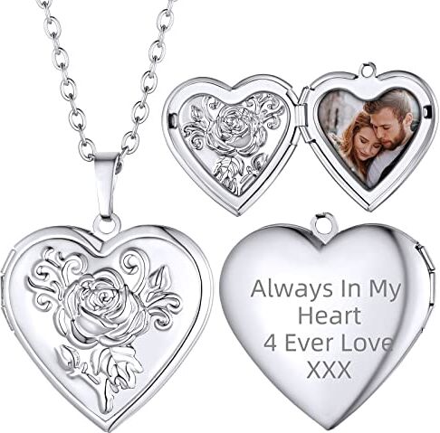 Supcare Rosa Cuore Collana Donna con Medaglione, 01 Stile Argento Collana con Foto Personalizzata, 55 cm Regolabile Catena Ciondolo Portafoto, Idee Regalo Natale Compleanno per Ragazze