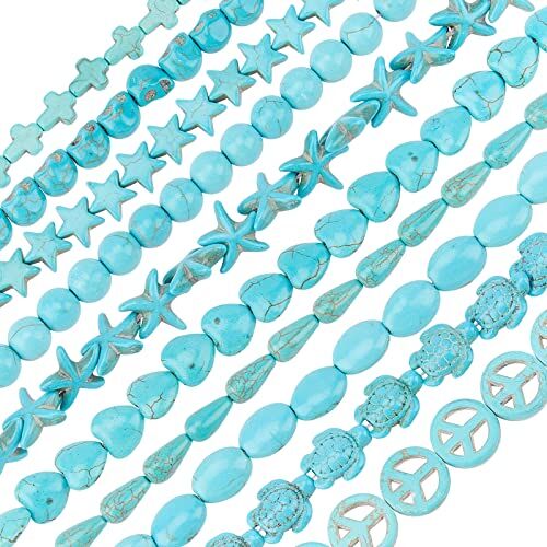 OLYCRAFT 350 Pezzi Perline Turchese Pietra Turchese Pietra Preziosa Perline Sciolte Stelle Marine Rotonde Lacrima Tartaruga Forma Teschio Perline Naturali per Braccialetti Collana Creazione 10 Stili