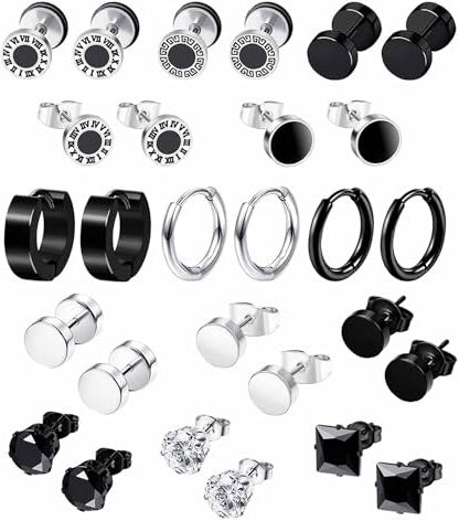 VELESAY 14Paia Orecchini Uomo Acciaio Inossidabile Nero Donna Orecchini a Cerchio Piccoli Argento Set Orecchini Punk Kpop Tondo Orecchini Hypoallergenic Tunnel Cartilage Helix Orecchini Piercing