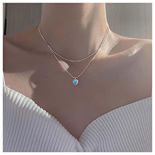 Cimenexe Bohémien Stratificato Opale Cuore Collana Argento Rotondo Serpente Catena Collana Pietra Di Luna Ciondolo Pietra Opale Stratificato Collana Collare Gioielli Per Donne E Ragazze Regali