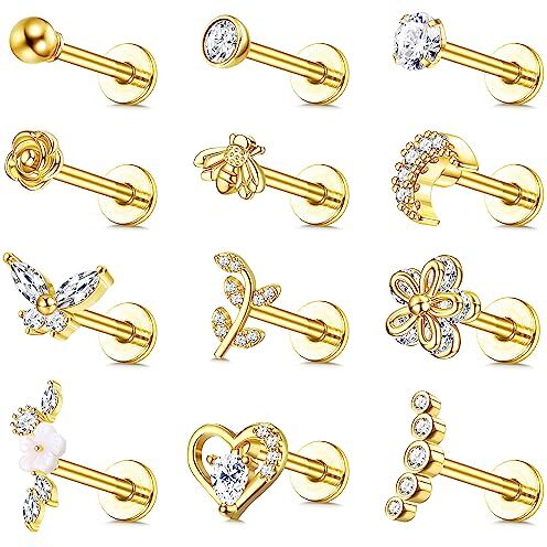 JeweBella 12PCS 16G Orecchini Cartilagine Acciaio Chirurgico per Donna Tragus Piercing Zirconia Farfalla Orecchini Set Piercing Labret Naso Couch Daith Helix Piercing Orecchio Gioielli Argento/Oro