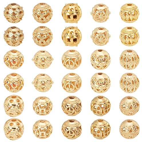 PH PandaHall PandaHall 15 Stile 8mm Perline Distanziatrici Rotonde, 30pz Perline Cave in Lega Placcate Oro 18K Perline Sciolte in Metallo per Collana Braccialetto Creazione di Gioielli, Foro: 1.5~2mm