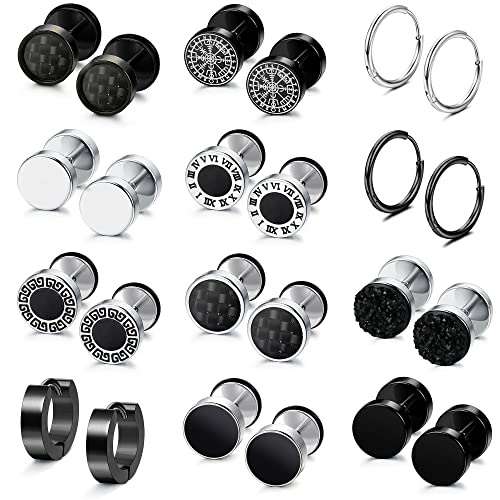 JeweBella 12Paia Orecchini Uomo Acciaio Inossidabile Nero Rune Orecchini Cerchio Punk Classic Hypoallergenic Tunnel Piercing Cartilagine Orecchini Set di Orecchini Argento per Uomo Donna