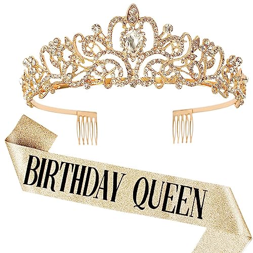 FeLeA Corona Compleanno Diadema e Fascia per compleanno da Donna, Oro Tiara Regina Regalo Compleanno Ragazze Birthday Girl Sash Birthday Queen Fascia per Spose Concorsi di Bellezza Feste Compleanni