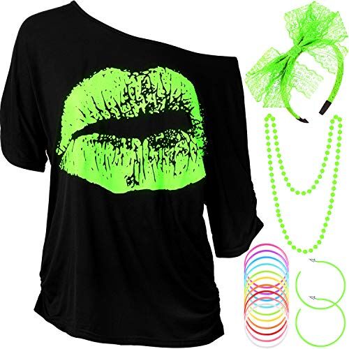 Blulu Set di Accessori per Costumi da Donna Anni '80, T-Shirt con Stampa Labbra Fascia in Pizzo Bracciale Collana Orecchini per Festa a Tema Anni '80(Verde Fluorescente,S)