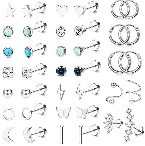 JeweBella 19Paia Piccoli Orecchini Acciaio Chirurgico Zirconia Helix Stella Luna Ipoallergenico A Cerchio Piercing Flatback Set per Donna Uomo