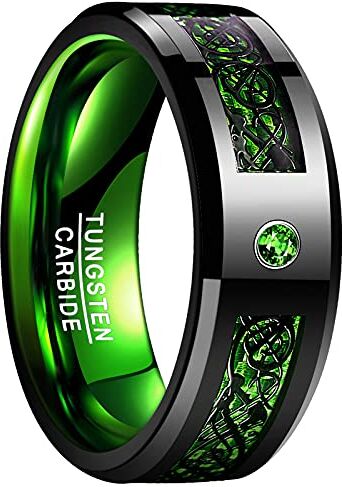 VAKKI Anelli Fascino Unisex Gioielli di Moda Drago Celtico Anello Placcato Argento Fascia Nera e Verde Fibra di Carbonio Cool Fede Nuziale con Zircone Compleanno Natale Taglia 32