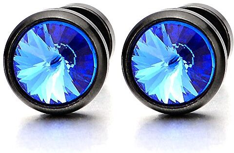 COOLSTEELANDBEYOND 2 Nero Orecchini con 6MM Blu Zirconi da Uomo Donna, Finto Dilatatore Fake Cheater Plug Gauges, Acciaio Inossidabile