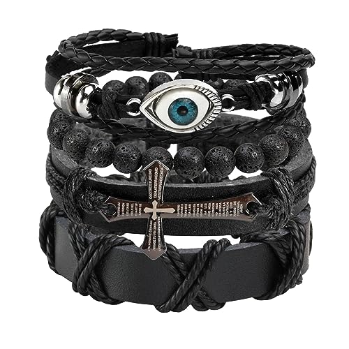 MILAKOO Bracciale in pelle nero marrone intrecciato largo braccialetto donna uomo punk gioielli teschio, Nessuna pietra preziosa