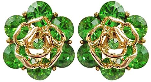 Navachi Orecchini a clip con fiore e foglie di cristallo multicolore placcati oro 18k, Cristallo Zinco