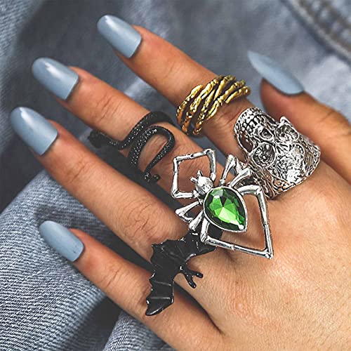 Inateannal 5pcs Halloween Nocca Anello Set Gotico Teschio Serpente Pipistrello Dichiarazione Anelli Aperti Personalità Impilabile Midi Smeraldo Ragno Aureola Dito Anelli Gioielli Per Le Donne Uomini