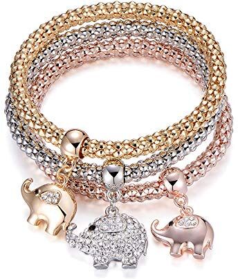 Ouran Set di 3 braccialetti elasticizzati a catena popcorn, da donna, con ciondolo, placcati oro rosa e argento, idea regalo per amiche o per la mamma e Mix colore, colore: #2 Elefante, cod.