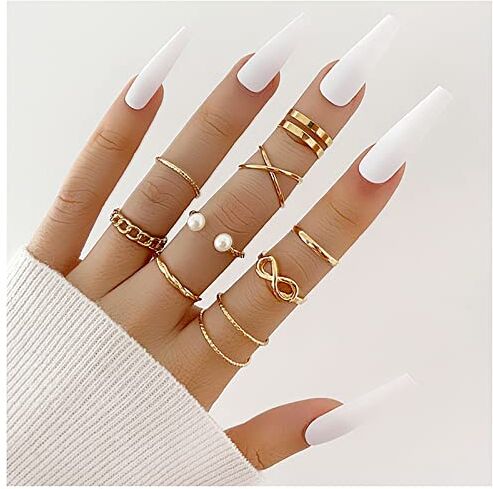 Dishowme Boho Pearl Infinity Knuckle Rings Set Lucky 8 Wave Twisted Finger Joint Ring Costume Anelli impilabili per donne, ragazze, uomini (Oro)