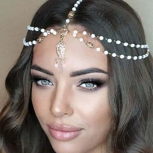 Fashband Collana da sposa in stile bohémien, con ciondolo in cristallo dorato, accessorio per capelli da sposa per donne e ragazze