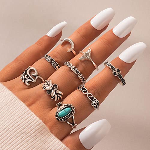 SINLOV 9PCS Boho Donne Turchese Retro Anelli Impilabili Set Elephant Crescent Fiore Knuckle Midi Anello Joint Finger Kunckle Ring Set