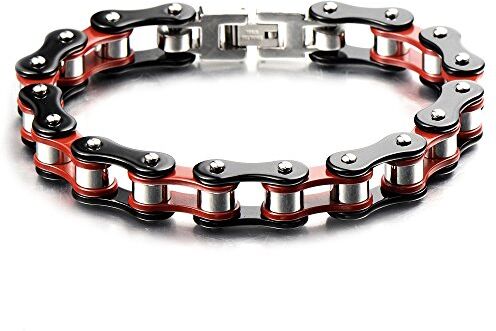 COOLSTEELANDBEYOND Pesante e Studio Bracciale da Uomo, Catena di Bicicletta, Acciaio Inossidabile, Colore Rosso Nero, Lucidato a Specchio